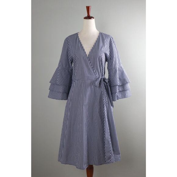 CALVIN KLEIN $149 Navy Gingham Check True Wrap Tiered Cuff Dress Size 4 - Picture 1 of 6